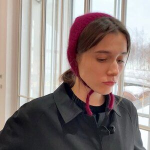 Hand-Knitted Cherry Angora Hat (Bonnet). New. 100% Angora Wool